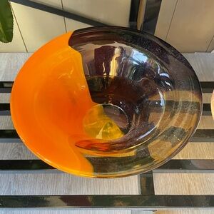 Vintage Mcm Hand Blown Amber/orange Studio Art Glass Vase Bowl